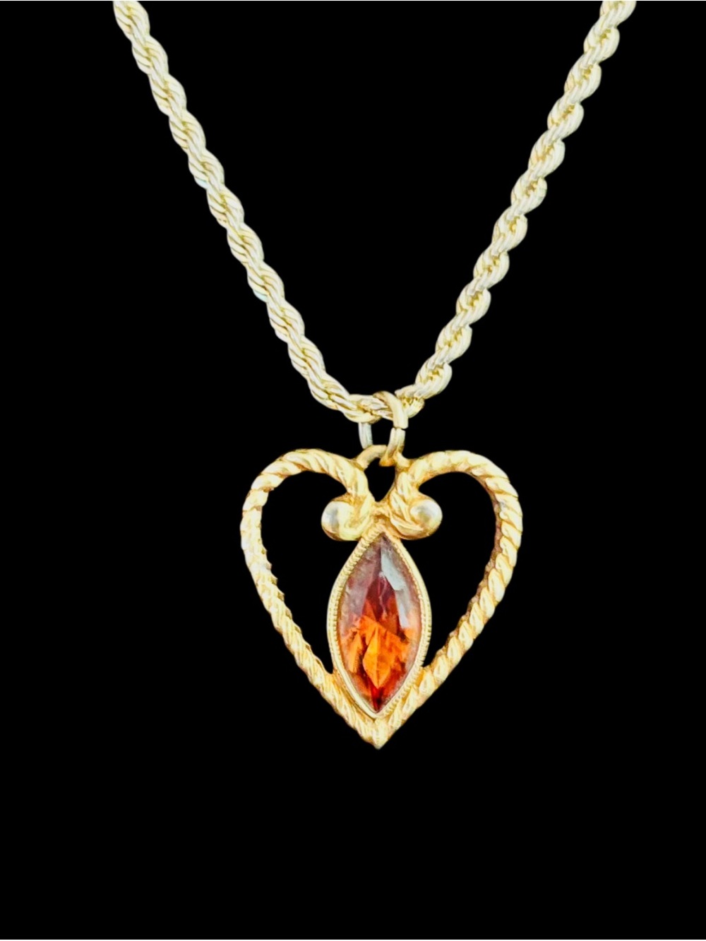 AVON Vintage Heart Necklace Gold Tone Amber Marquis Rhinestone Pendant Romantic